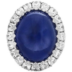 GRS White Gold Cabochon Star Sapphire and Diamond Cocktail Ring