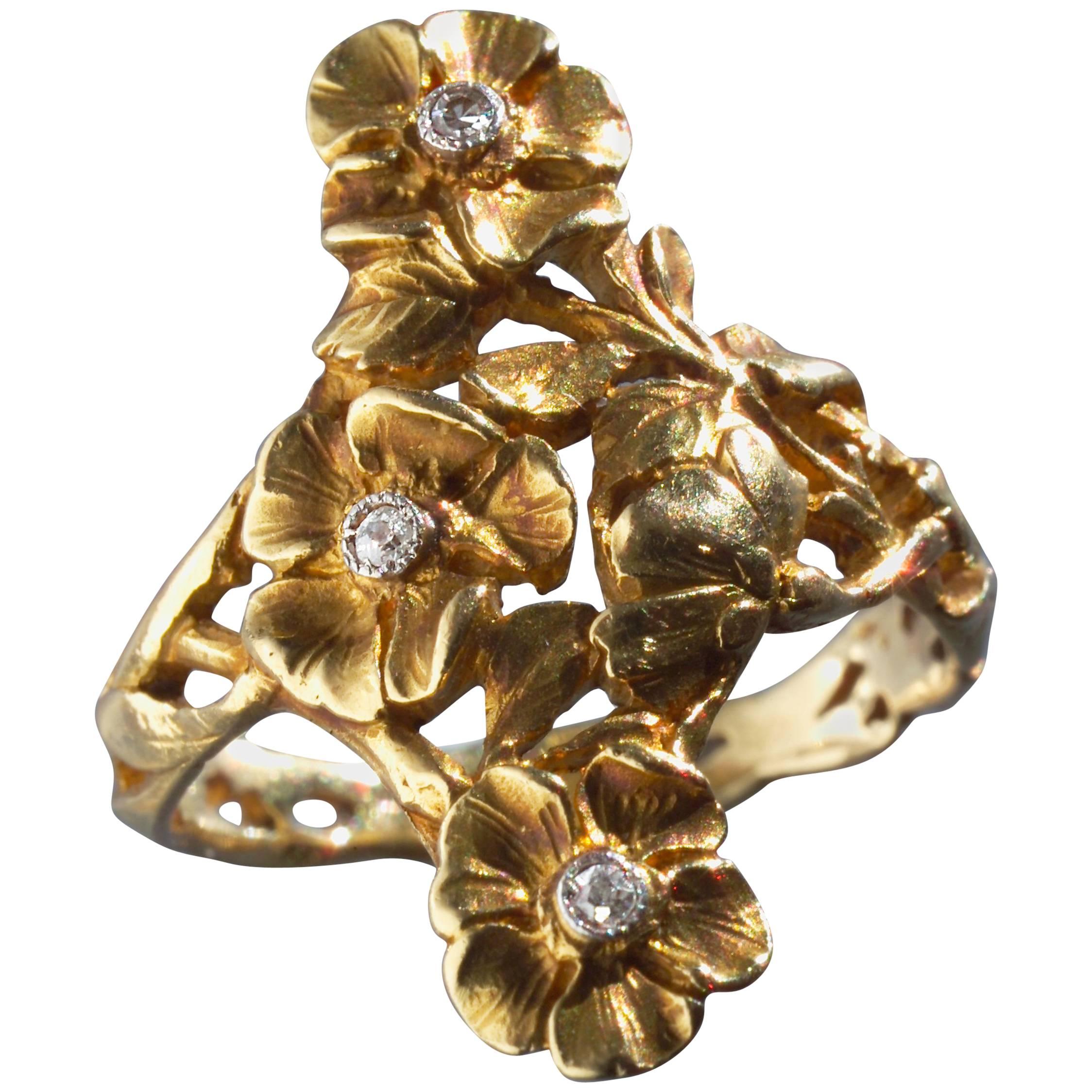 Art Nouveau Wild Rose Ring in Gold and Diamond Attributed to Georges Le Turcq