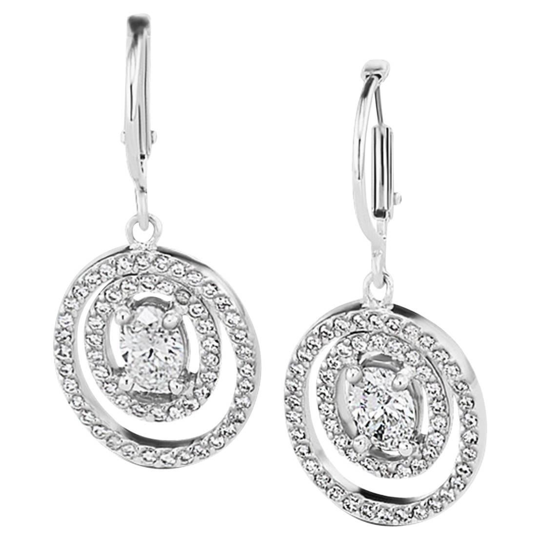 1.09 Carats Total Diamond Dangle Platinum Earrings For Sale