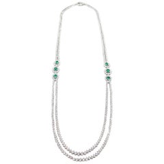 Double Strand Diamond and Emerald White Gold Necklace