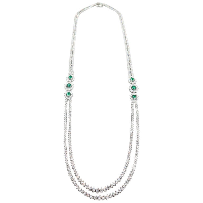 Double Strand Diamond and Emerald White Gold Necklace at 1stDibs