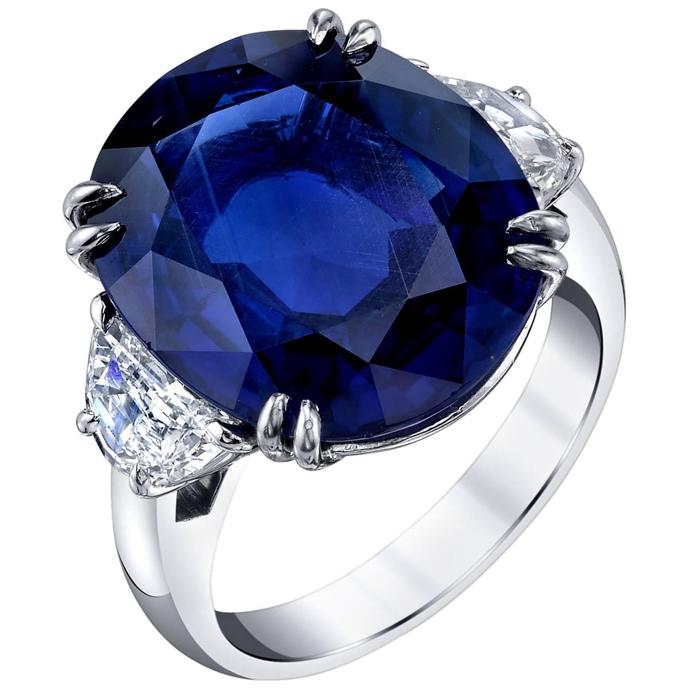 Unheated 12.23 Carat Ceylon Blue Sapphire GIA, Diamond Platinum 3-Stone Ring
