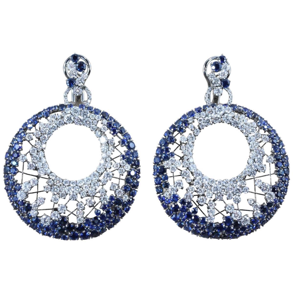 Modern Diamond Blue Sapphire Black Gold Web Earrings