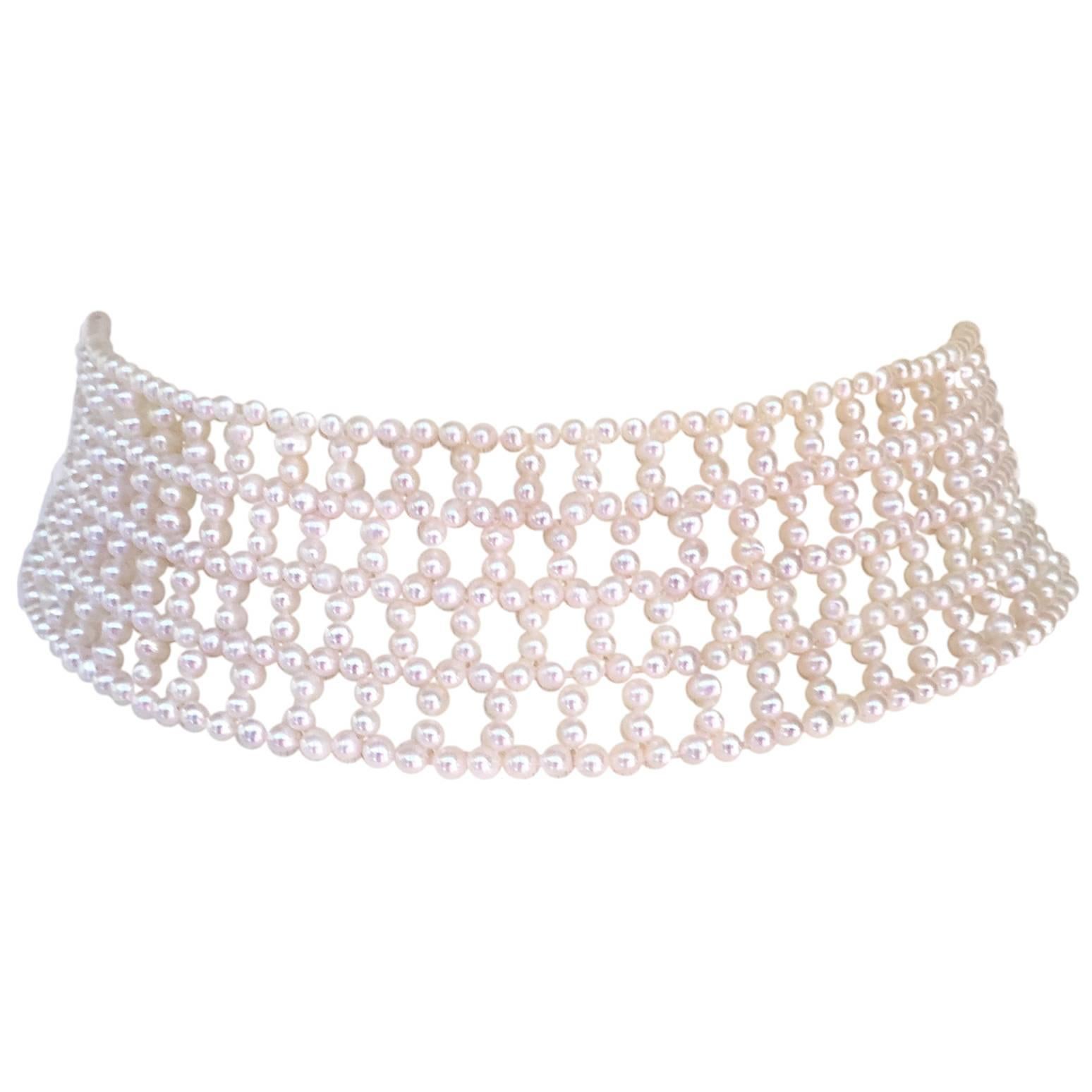 Marina J Wide Woven Pearl Choker with Sterling Silver Rhodium Plated Clasp 