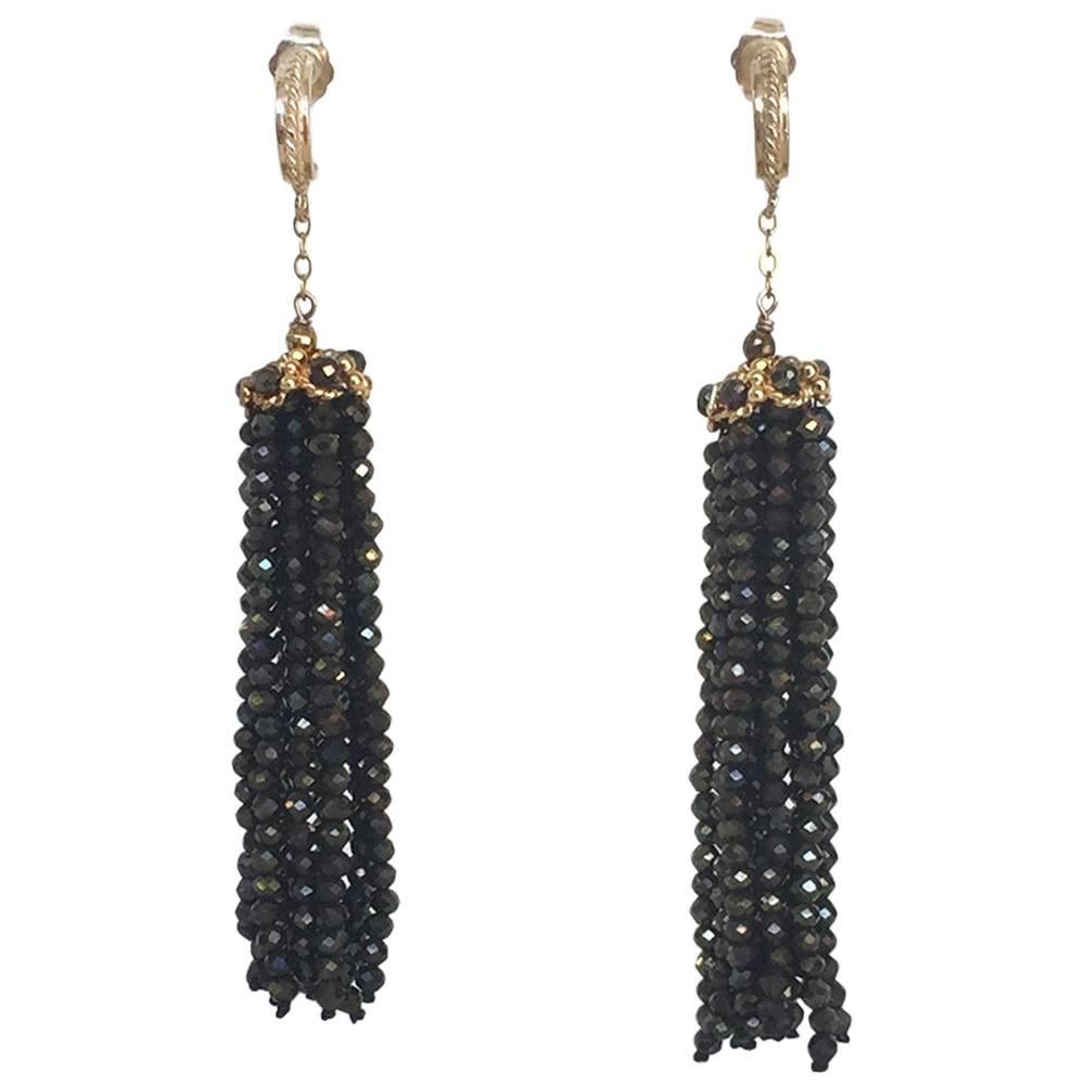 Black Spinel Tassel Earrings with 14 Karat Gold Findings by Marina