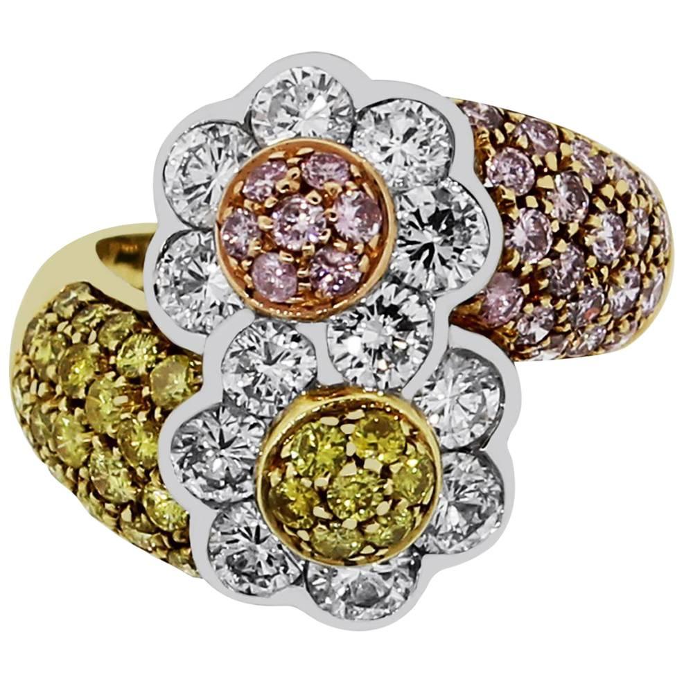 Pink, Yellow and White Diamond Flower Ring
