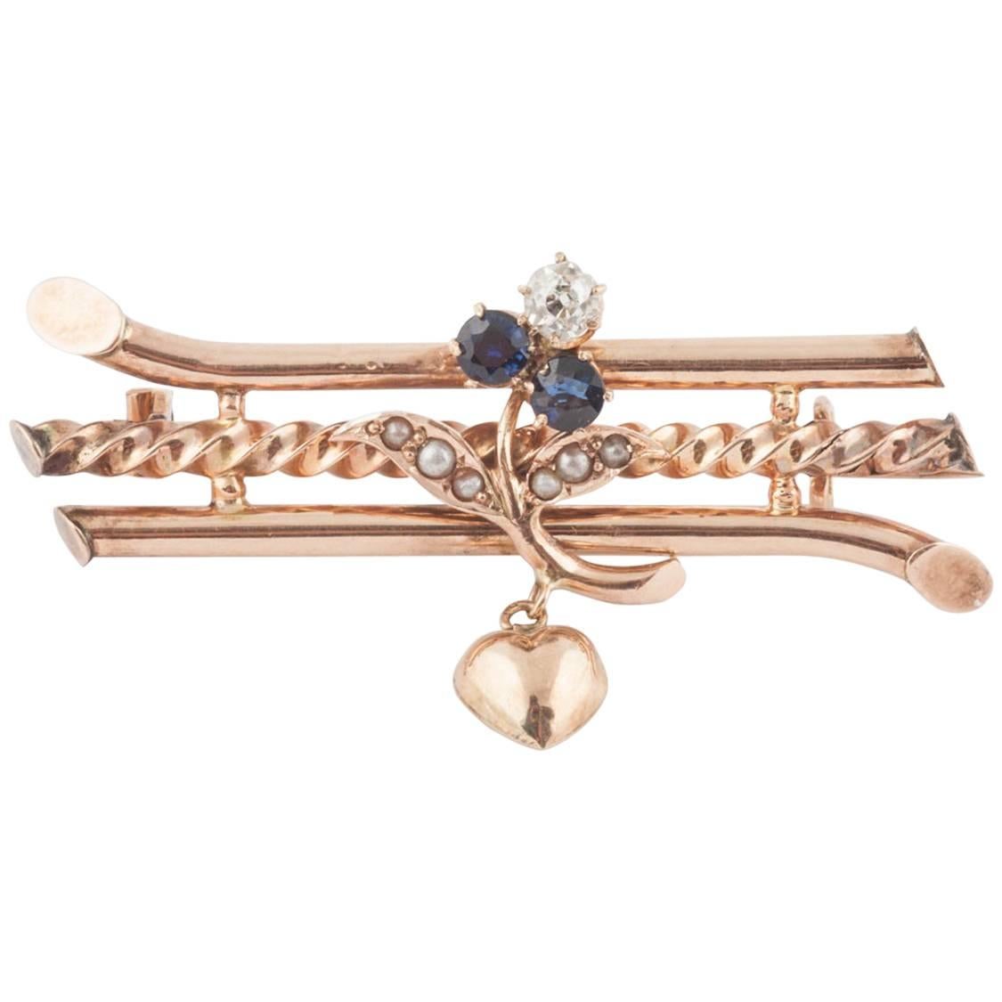 Russian Imperial-era Gold Sapphire Diamond Brooch with Heart, circa 1900 For Sale