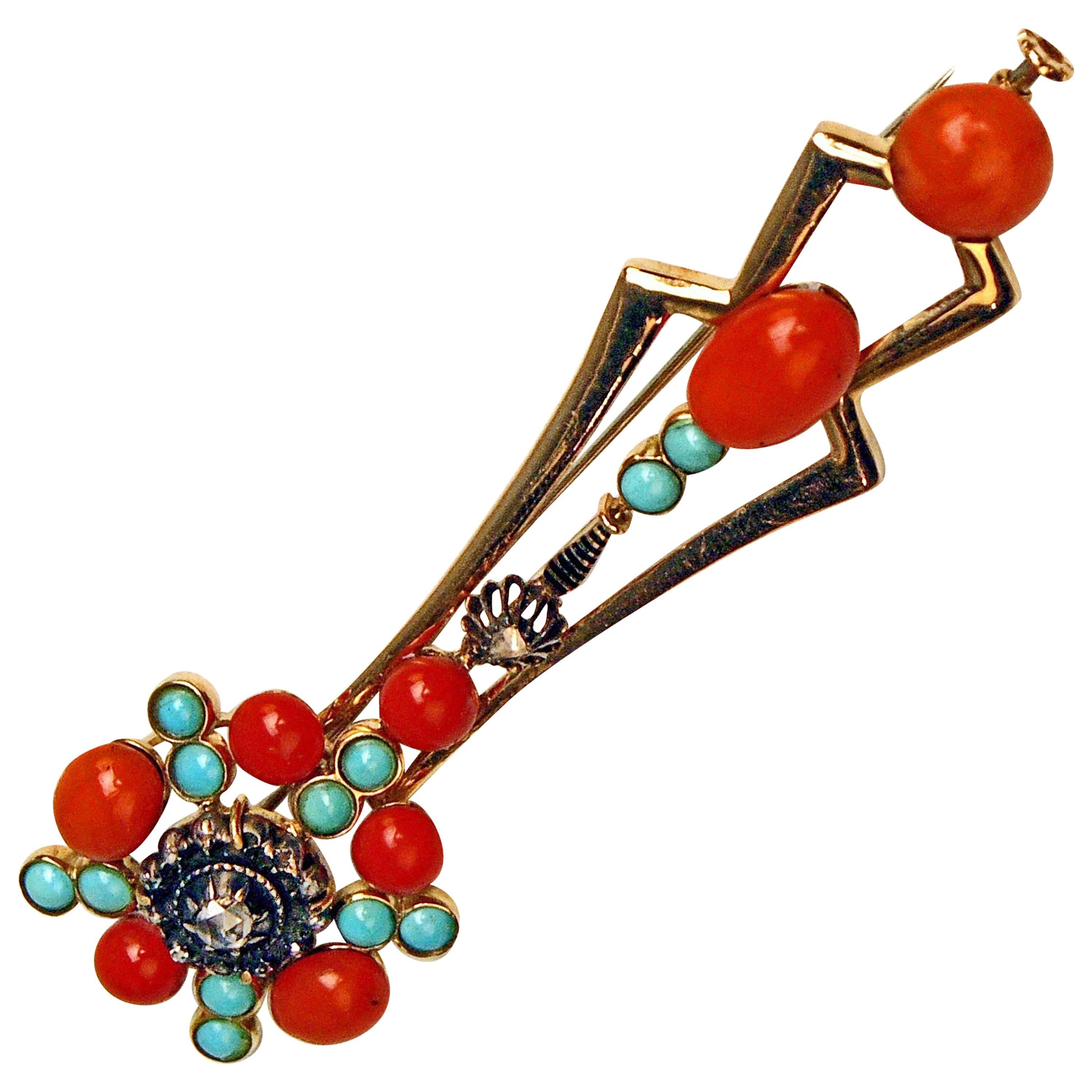 Stick Brooch Gold 585 Turquoises Corals Diamonds 0.25 ct, Austria, circa 1860 For Sale