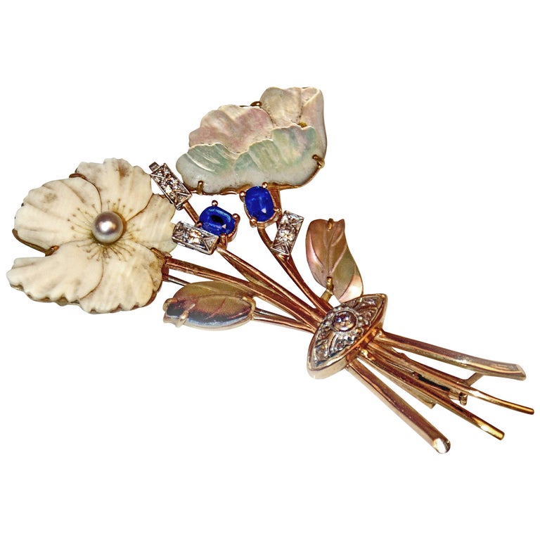 Brooch Flower Bouquet Gold 585 Brilliants 0.30 Carat Sapphires Pearl