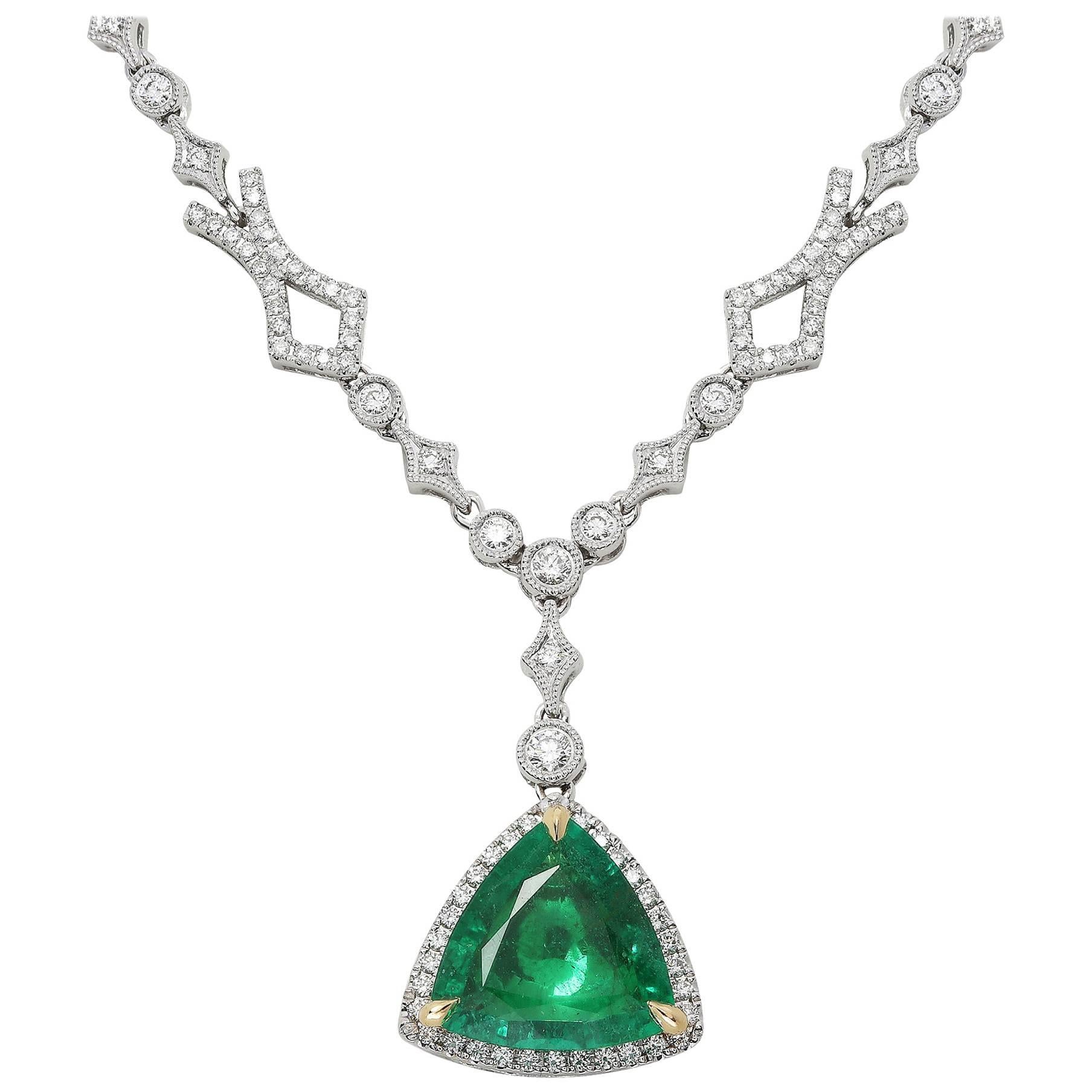 Trillion Cut Emerald Diamond Pendant in White Gold For Sale