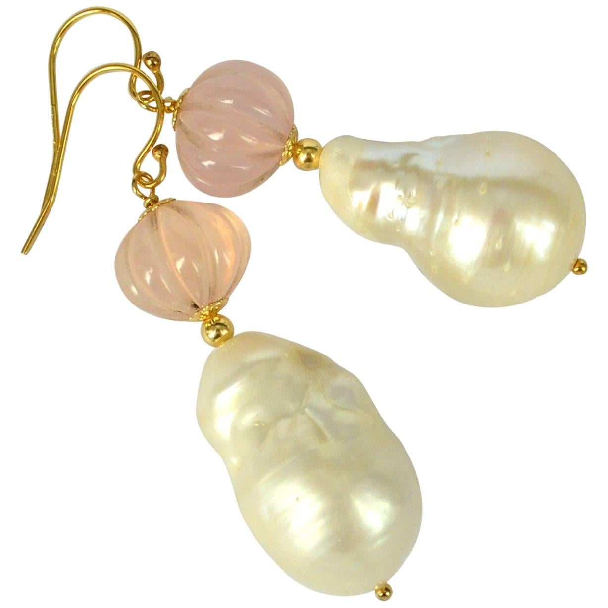 Decadent Jewels Carved Rose Quartz Baroque Pearl Gold Earrings