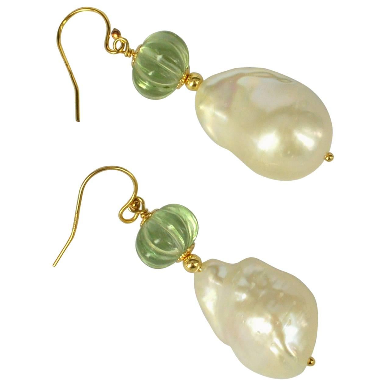 Decadent Jewels Carved Green Amethyst Baroque Pearl Gold Earrings