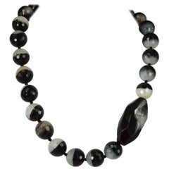 Decadent Jewels Natural Banded Agate Black and White Silver Necklace