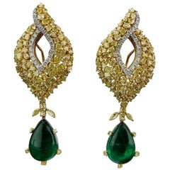 Detachable Emerald Pear Shape Cabochon and Yellow Diamond Earring