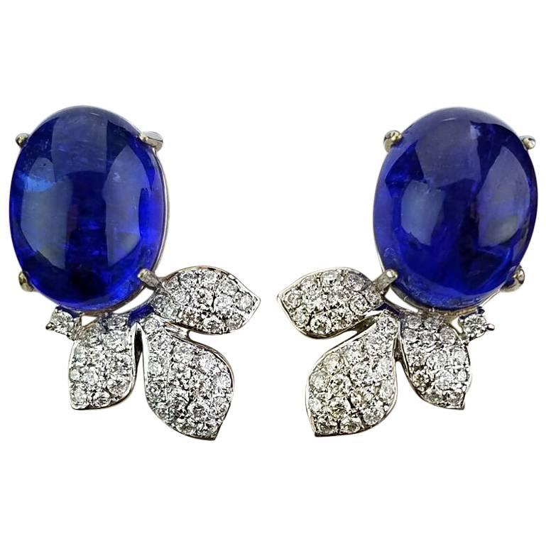 Oval Cabochon Tanzanite and Diamond 18 Karat Gold Stud Earrings