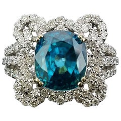 Oval Blue Zircon and Diamond 18 Karat White Gold Cocktail Ring