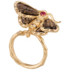 18 Karat Ruby, Smoky Quartz, White and Brown Diamond Moth Yellow Gold Ring