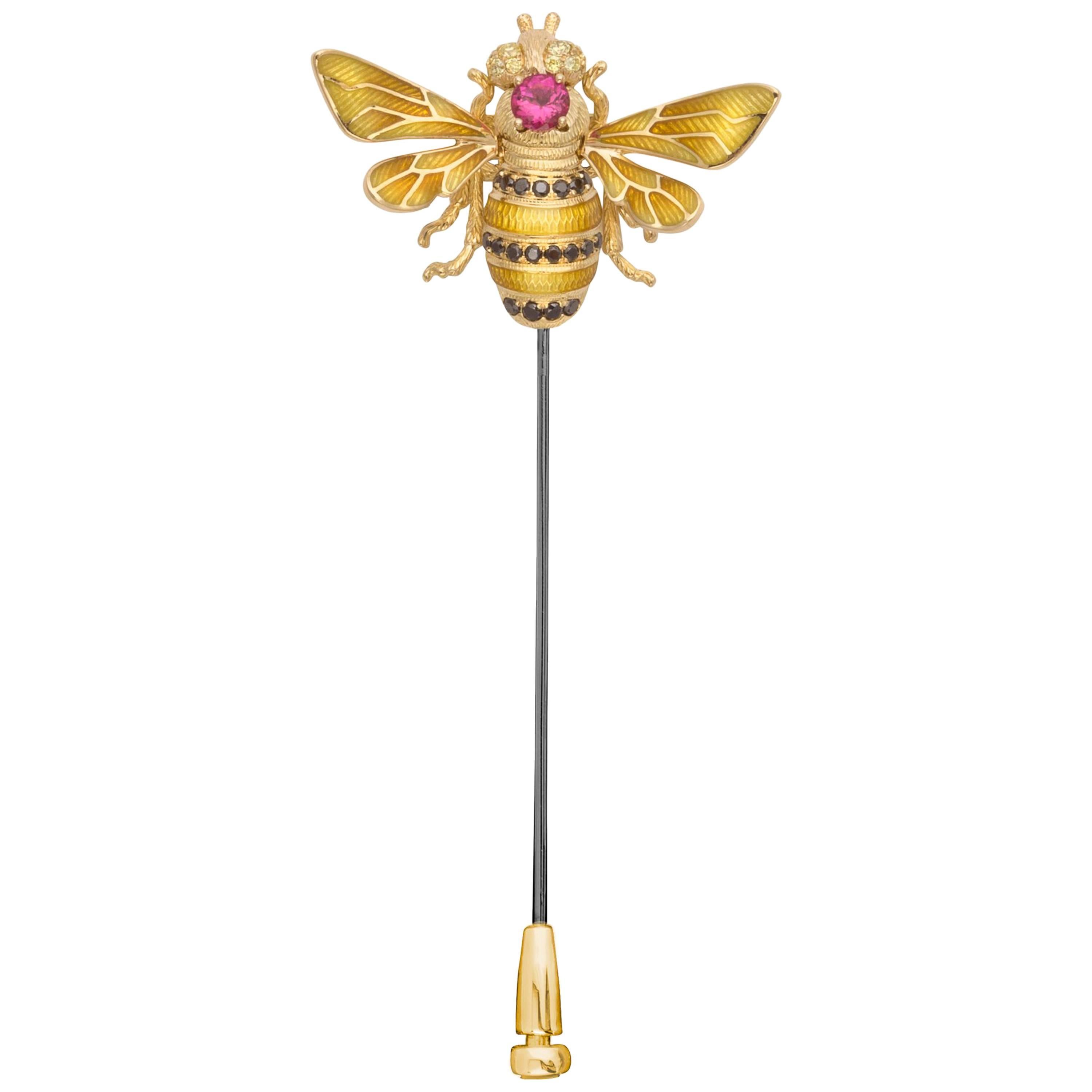 18 Karat Gold Pink Tourmaline, Black and Yellow Diamond Enamel Bee Lapel Pin For Sale