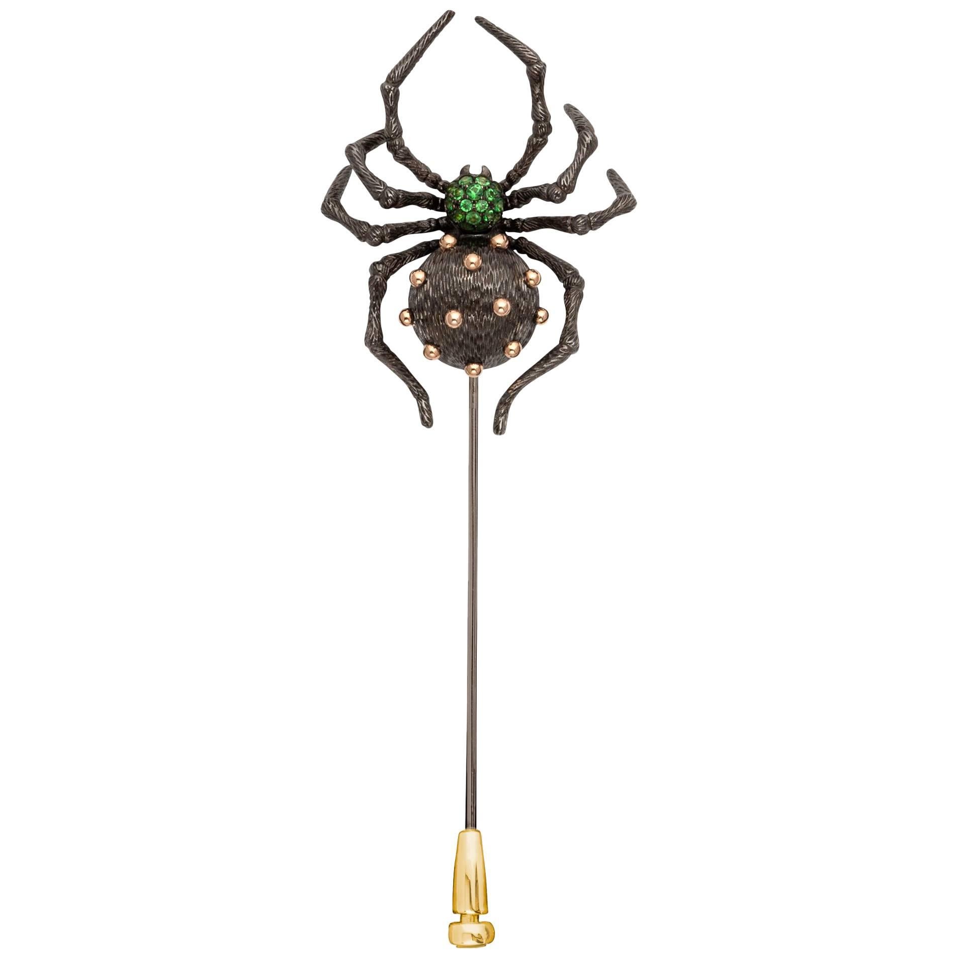 18 Karat Black Gold and Yellow Gold Spider Brooch with Tsavorites For Sale