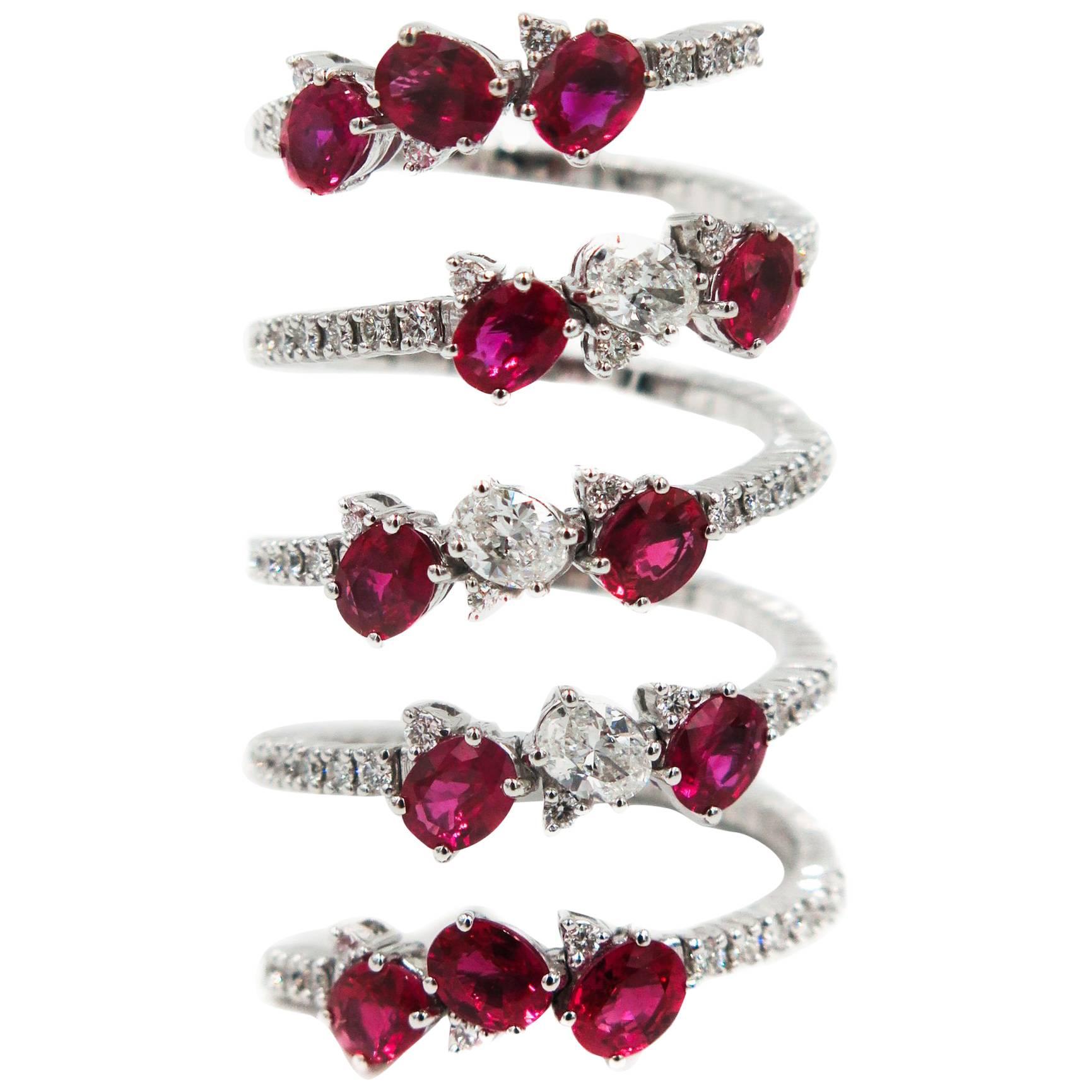 Ruby and Diamond Spiral White Gold Ring