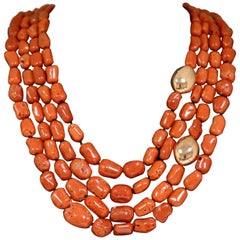 Coral and Rose Gold Pearls Bakelite Clasp Beaded Necklace