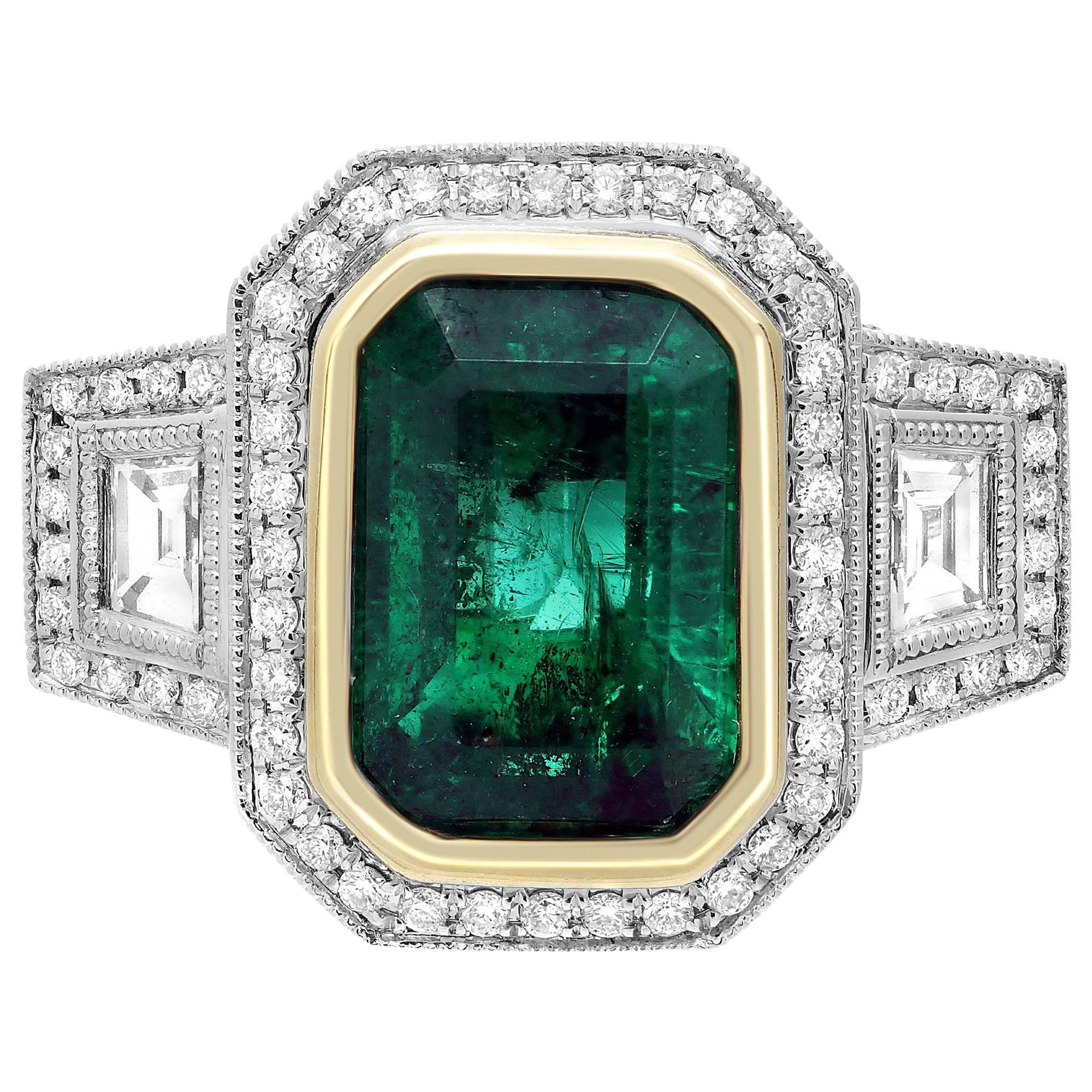 Emerald Diamond Three-Stone Engagement Ring with Diamond Pave in Two-Tone Gold For Sale