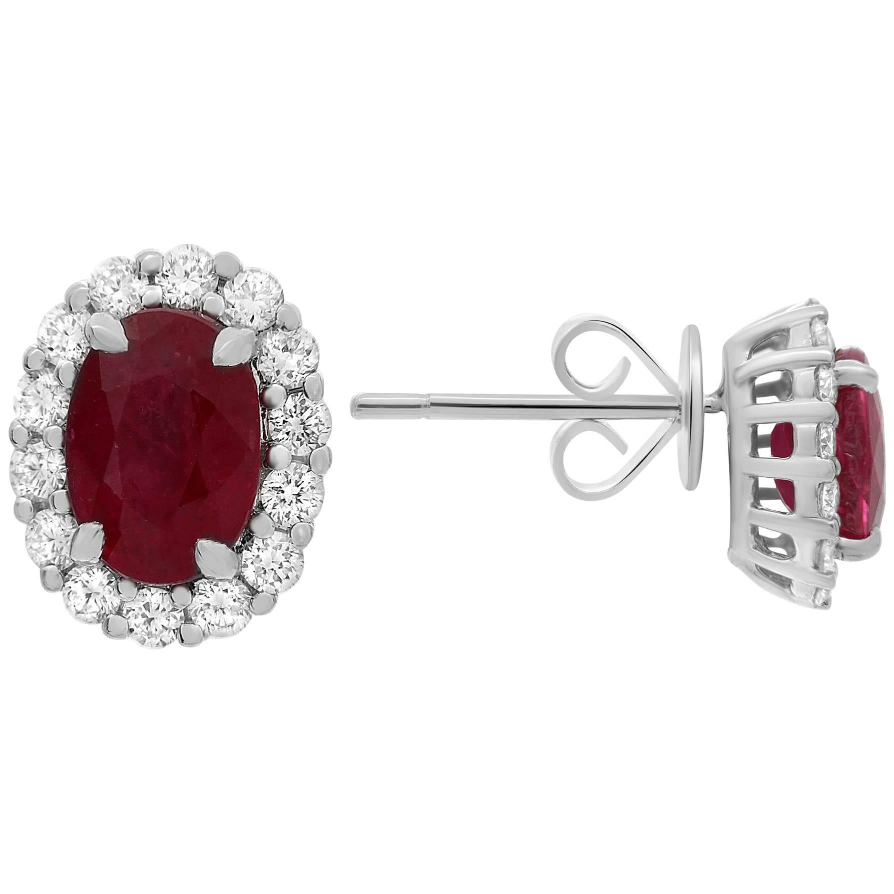 GIA Certified Oval Ruby Diamond Halo Earrings Offered by Marisa Perry Atelier For Sale