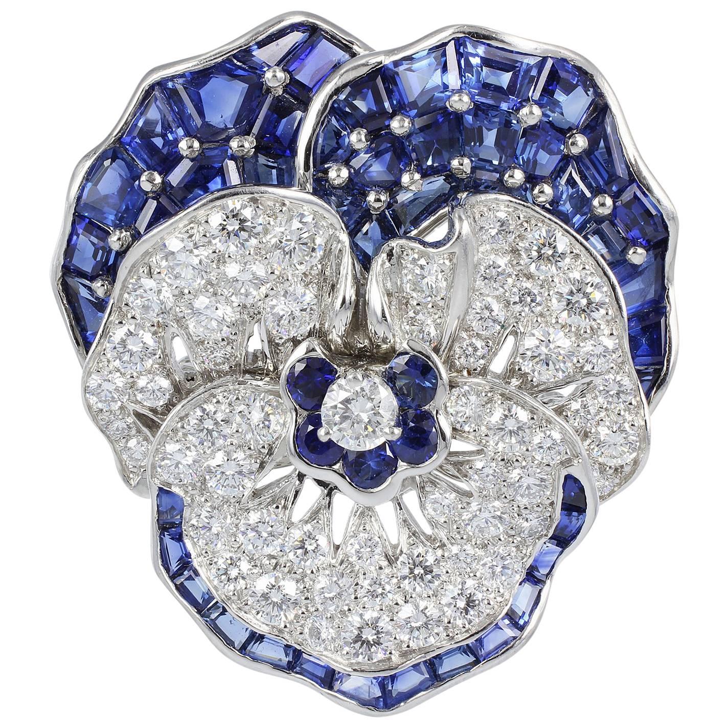 Oscar Heyman Sapphire Diamond Pansy Pin For Sale