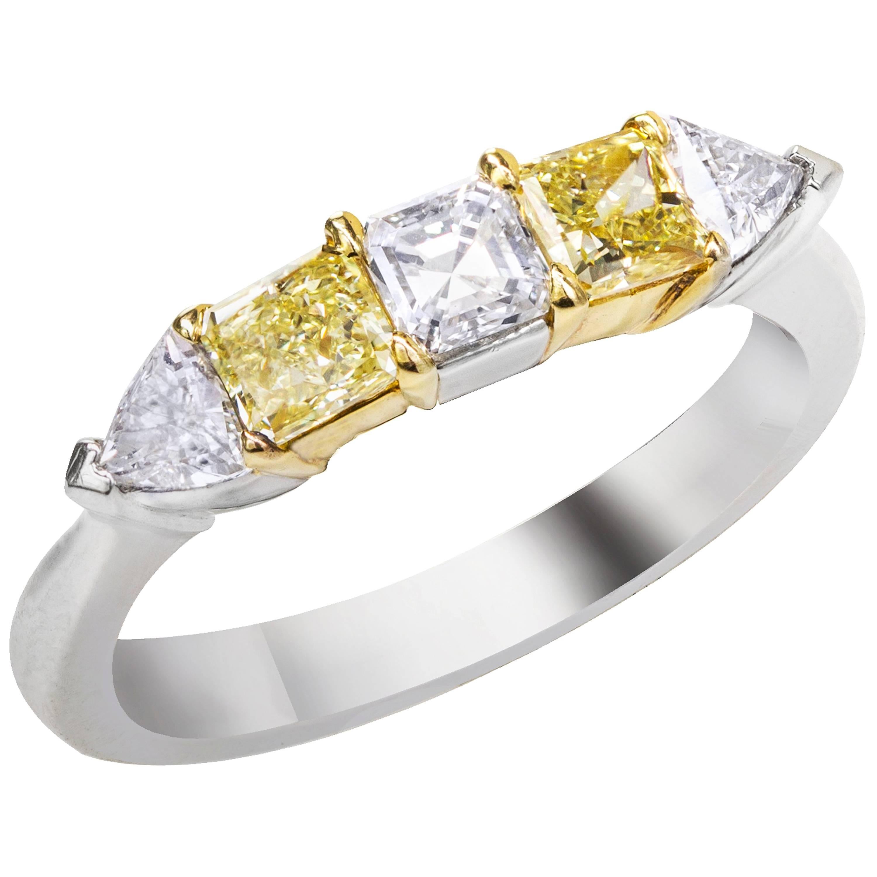 Alternating Yellow and White Diamond Five-Stone Ring