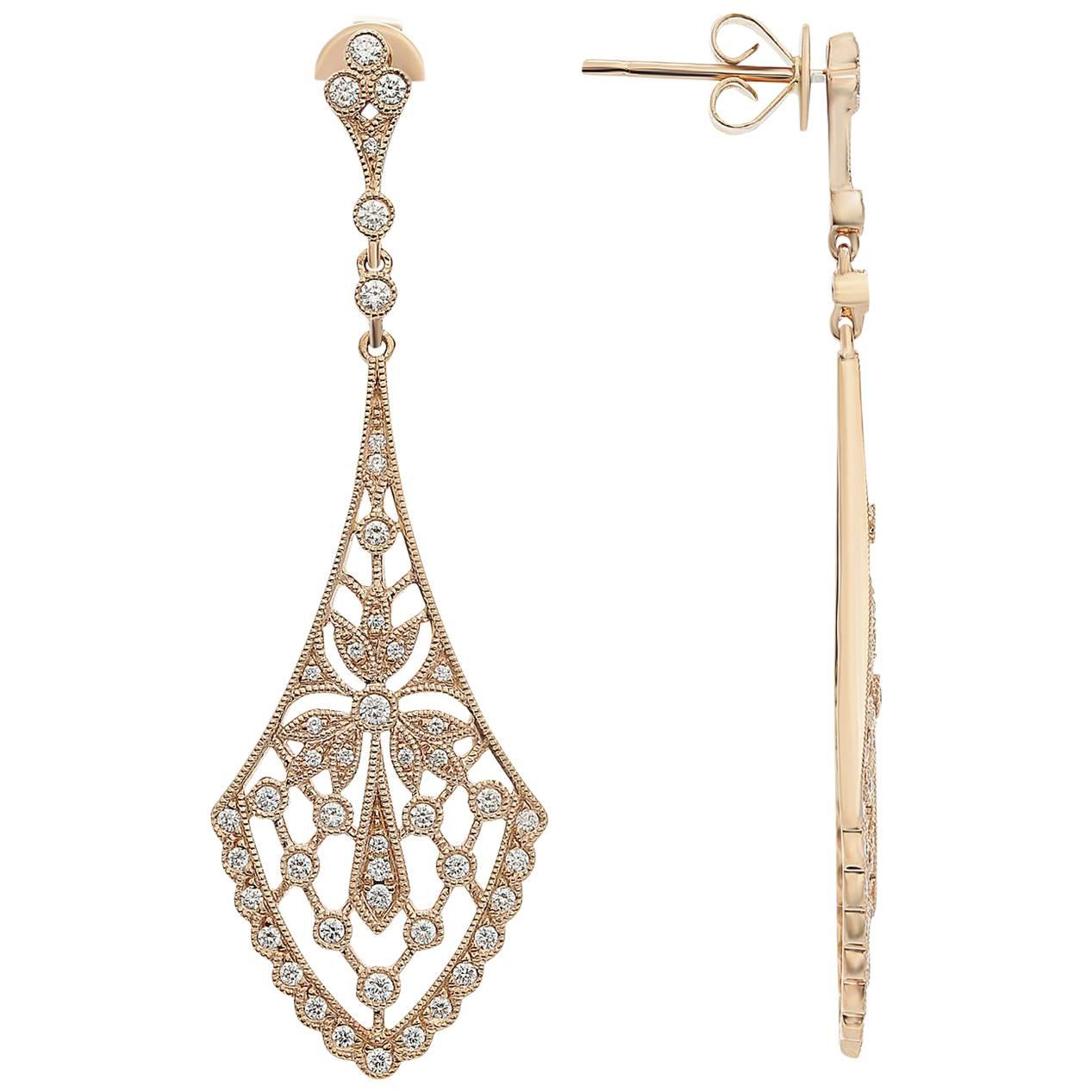Art Nouveau Style Diamond Rose Gold Earrings For Sale