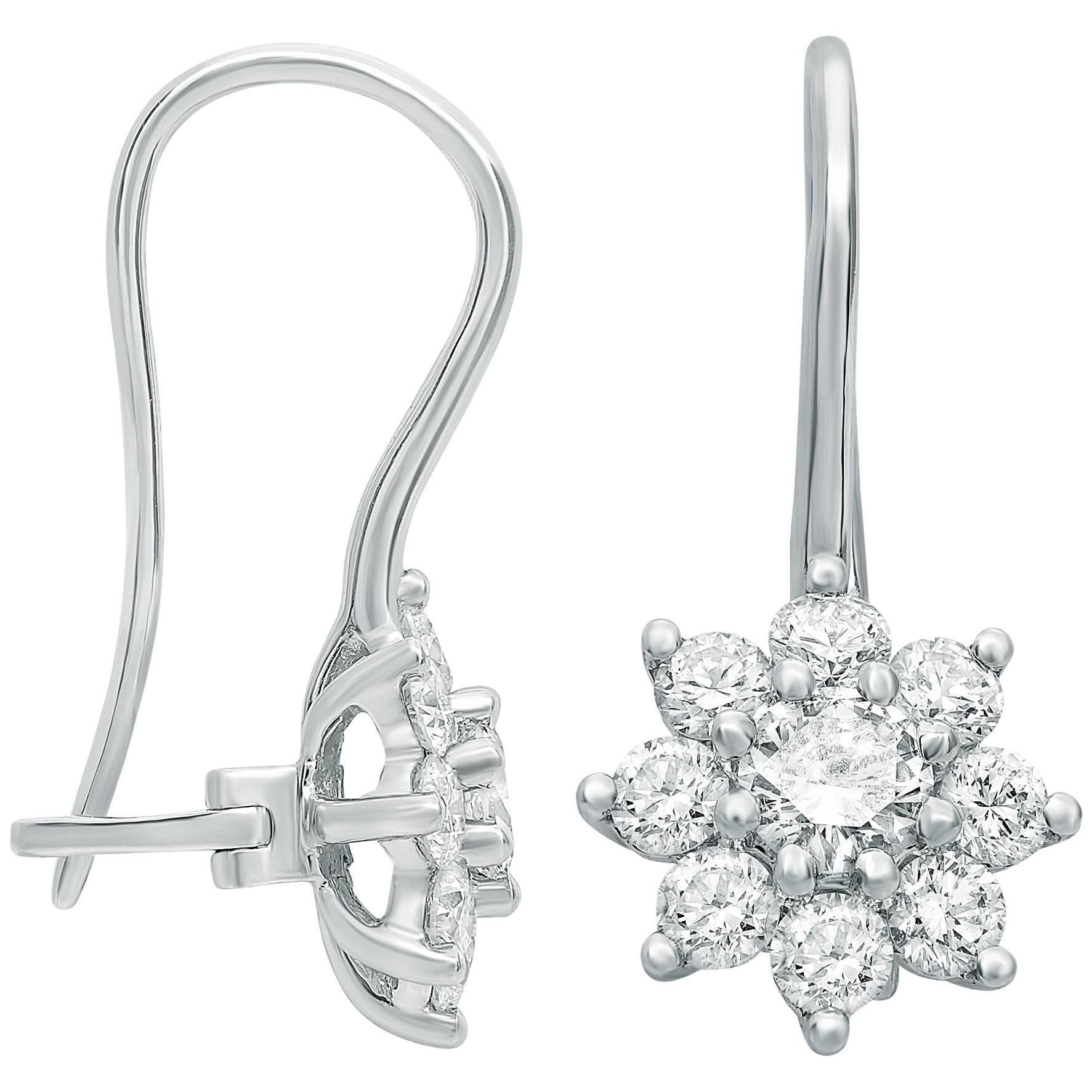 Diamond Flower Cluster Earrings in White Gold  For Sale