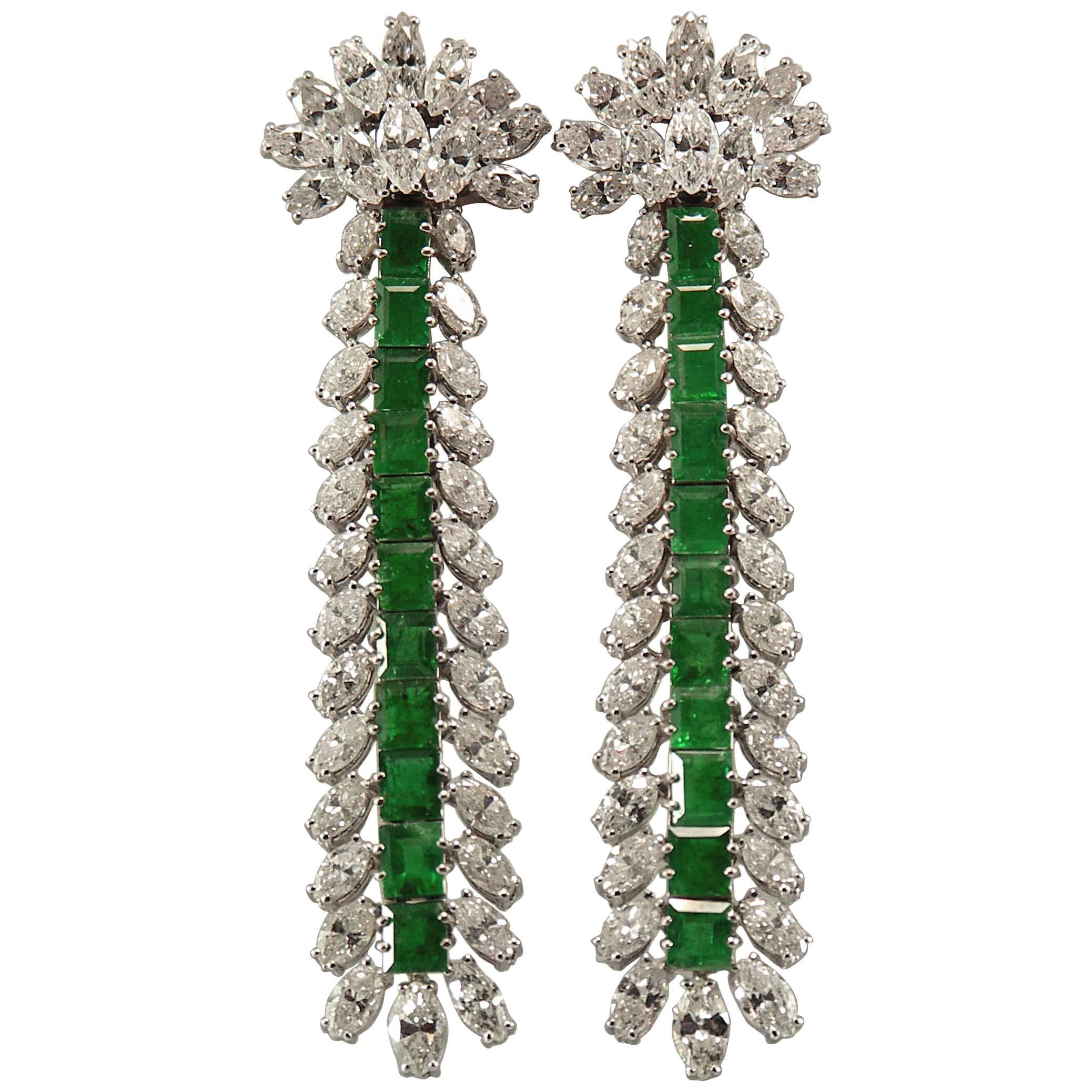 Extra Long, Platinum, Emerald and Diamond Cocktail Earrings