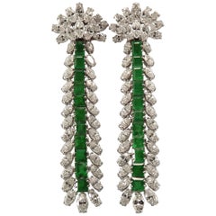 Extra Long, Platinum, Emerald and Diamond Cocktail Earrings