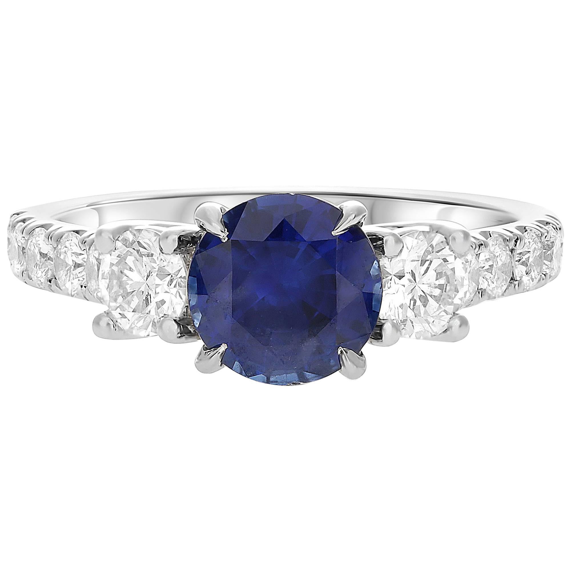 GIA Certified 1.42 Carat Blue Sapphire Diamond Three-Stone Ring in White Gold For Sale