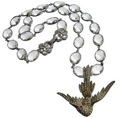 Rock Crystal Layering Necklace with Antique Paste Bird Brooch