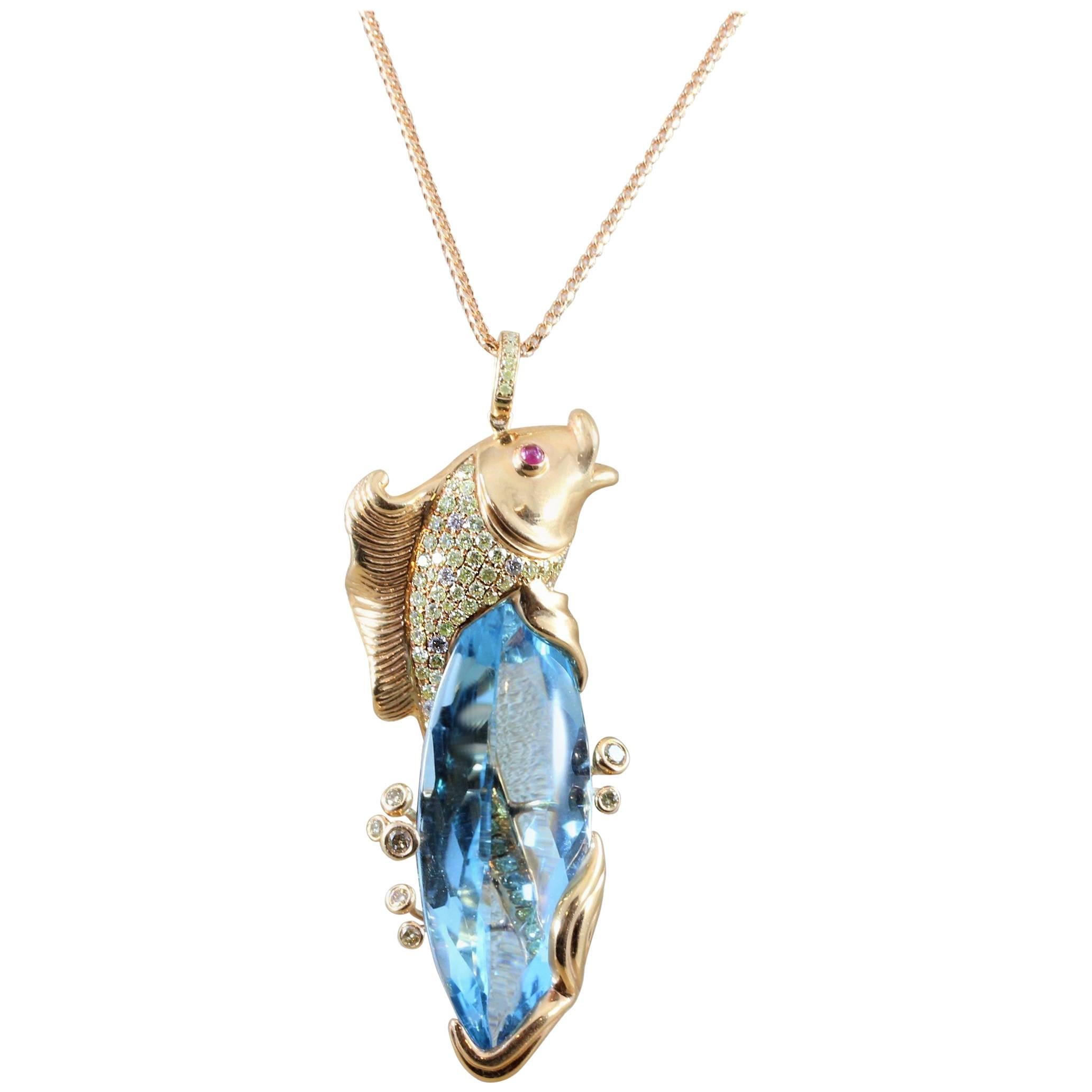 Blue Topaz Diamond Gold Koi Fish Pendant Necklace For Sale