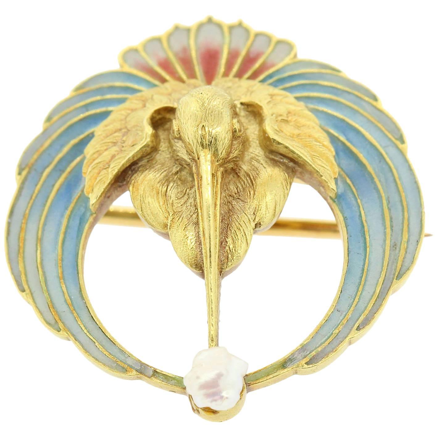 Art Nouveau Plique-a-Jour Gold Brooch