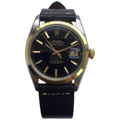 Rolex Stainless Steel Gold Black Gilt Dial Oyster Perpetual Datejust Wristwatch