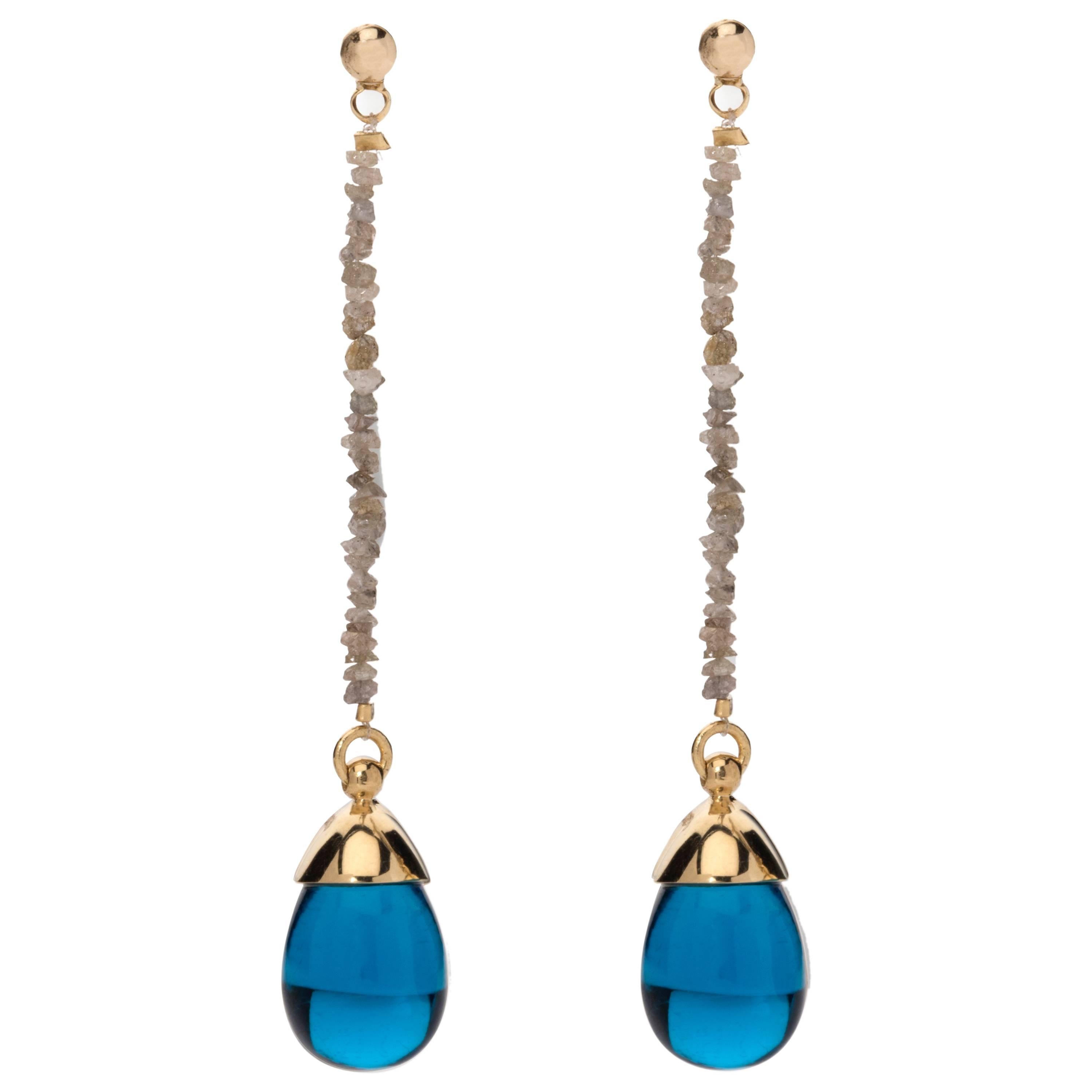 MAVIADA's Modern Minimalist Rough Cut Diamond London Blue 18K Gold Drop Earrings