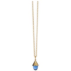 Blue Tanzanite Chic Quartz 18 Karat Yellow Solid Gold Drop Pendant Necklace
