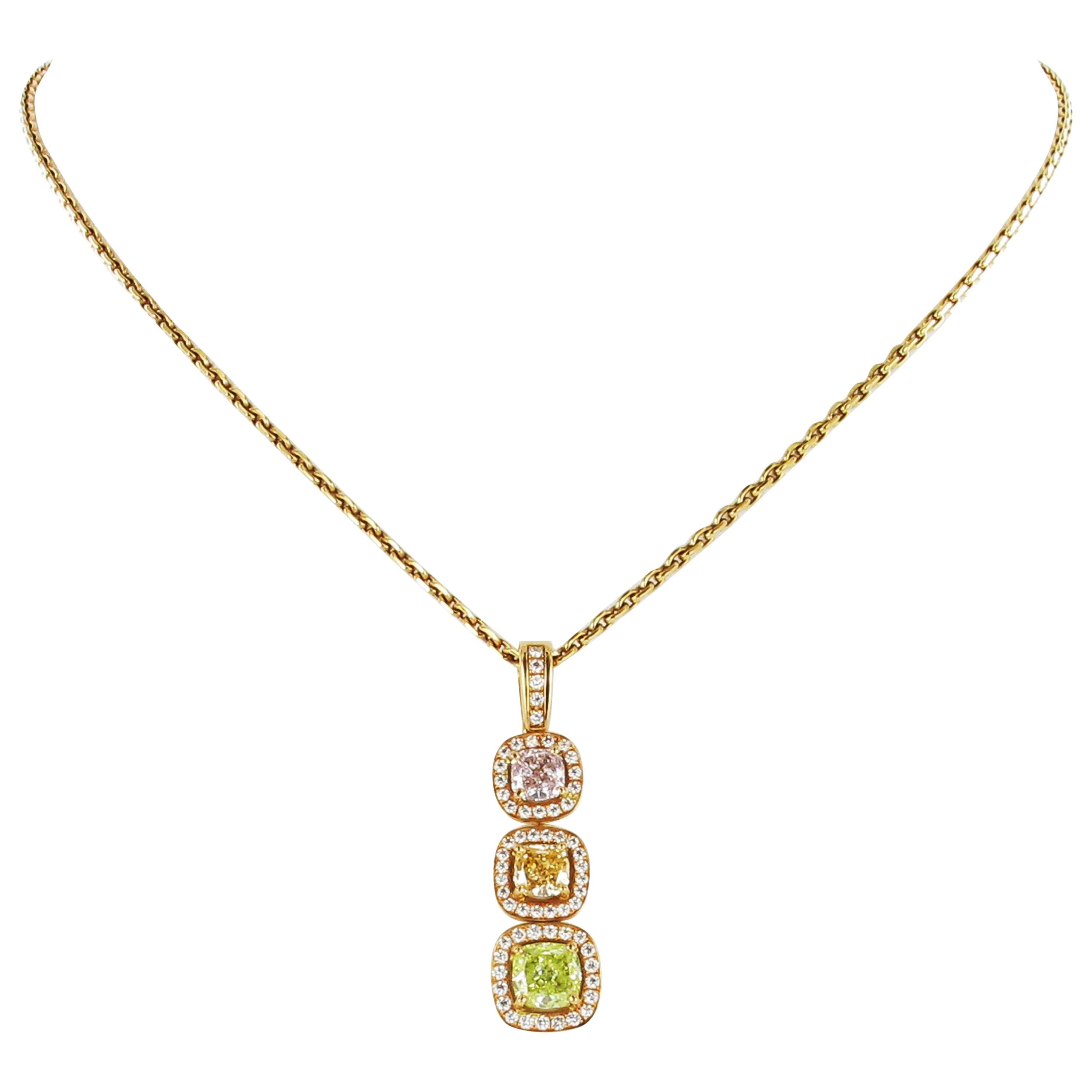 GIA Certified Fancy Color Diamond Gold Necklace For Sale