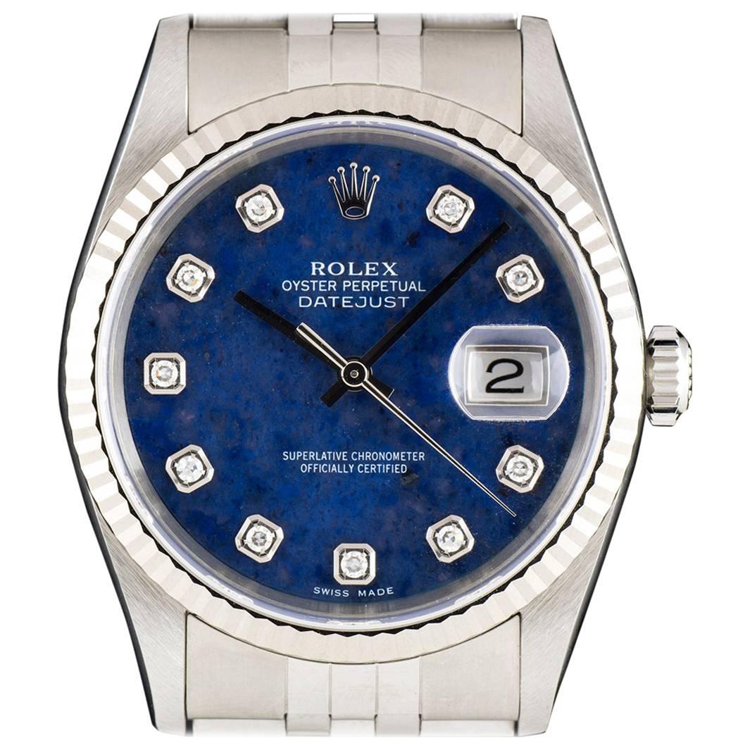 Unworn Rolex Stainless Steel Datejust Sodalite Diamond Dial Watch 