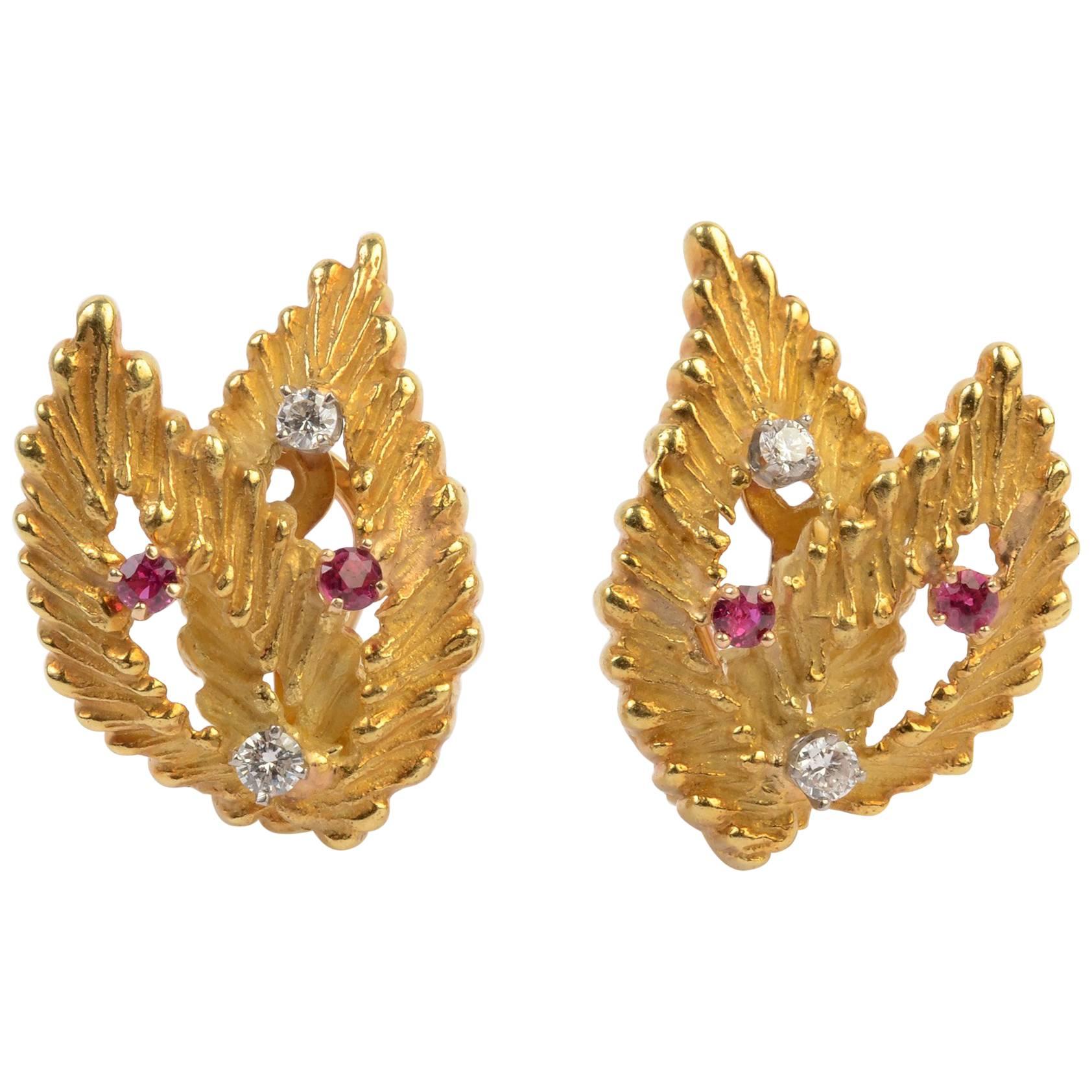 Gold Leaf Earrings with Diamonds and Rubies