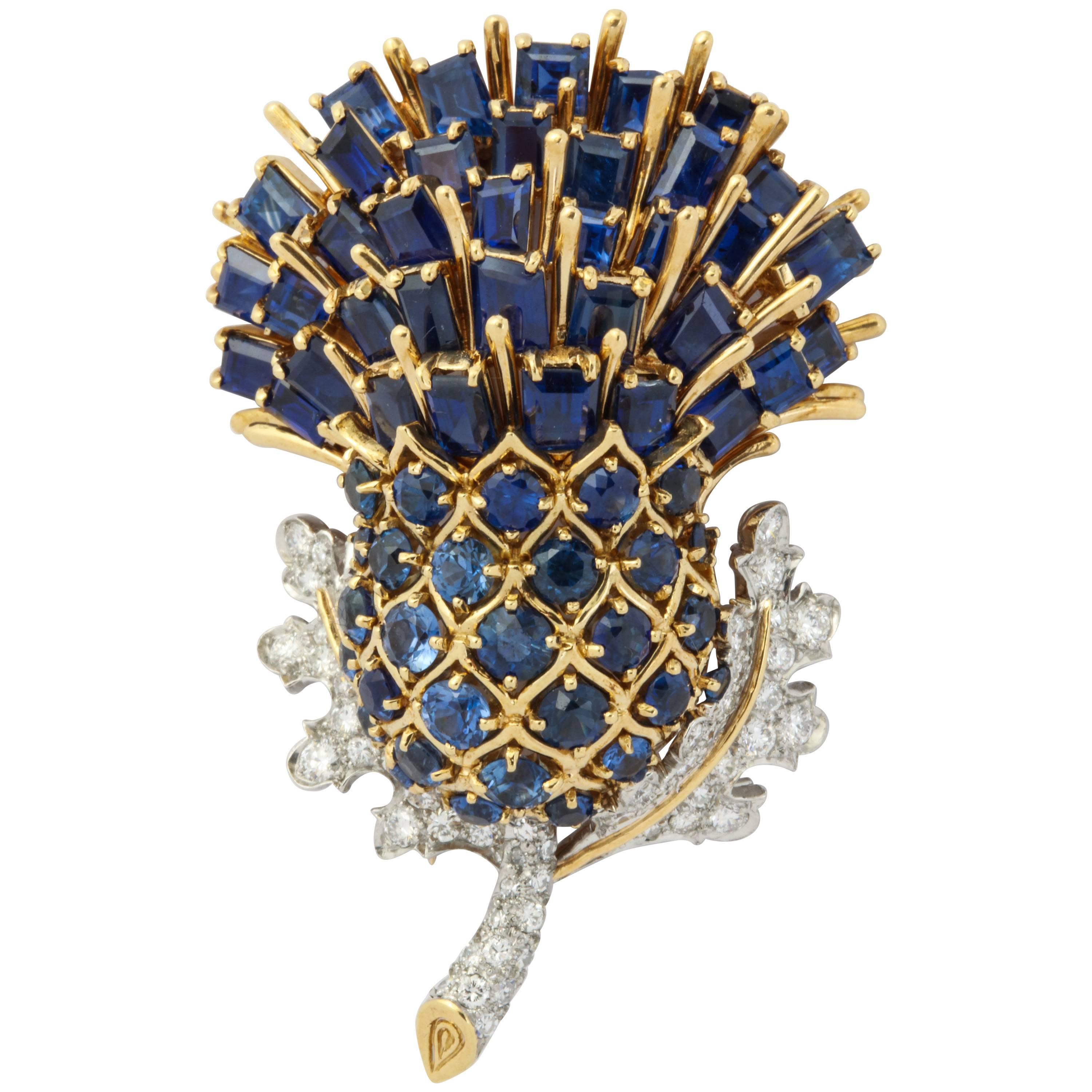 1950s Black Starr and Frost Sapphire Gold Thistle Brooch