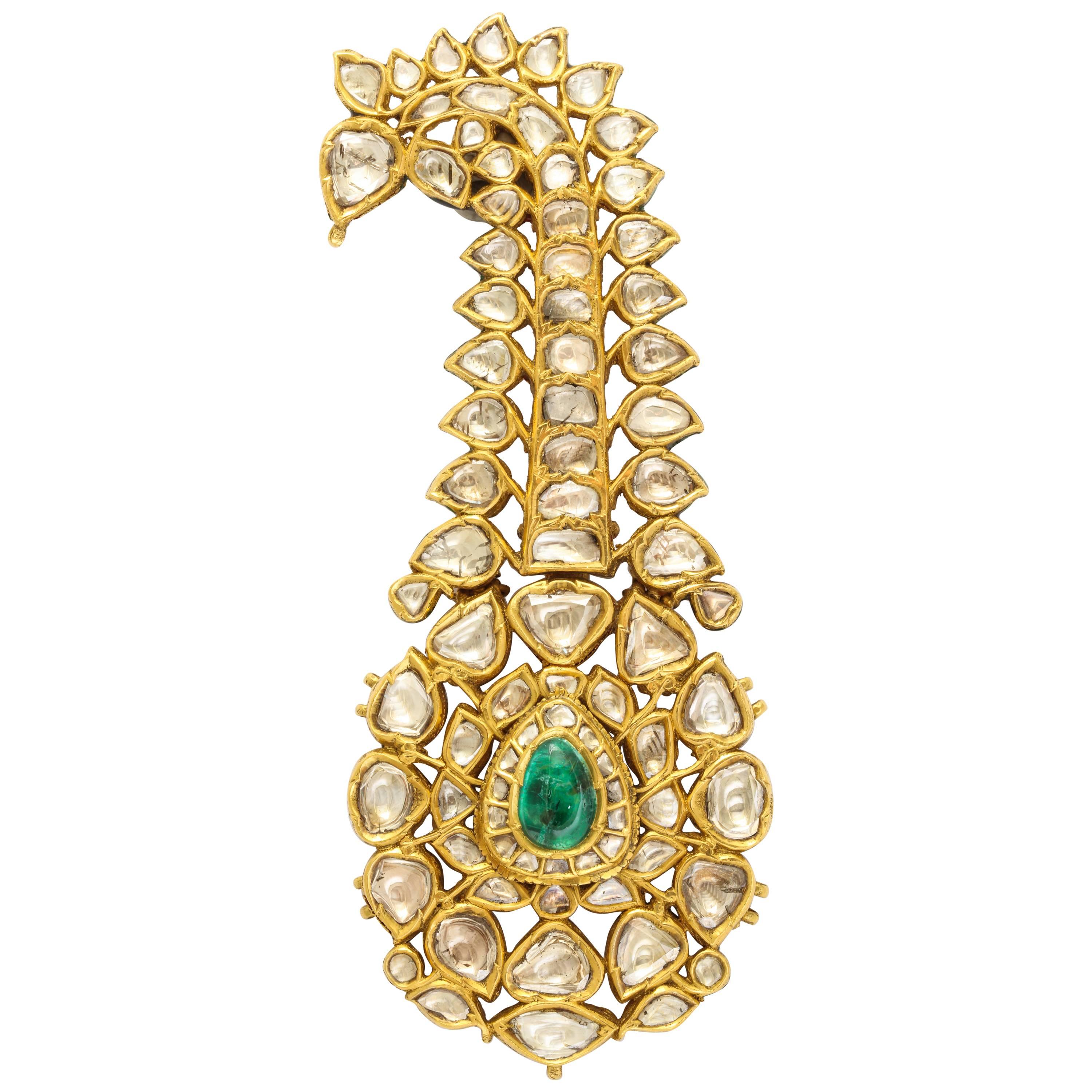 Indian Mughal Diamond  Jaipur Enamel Sarpech Urban Ornament Brooch