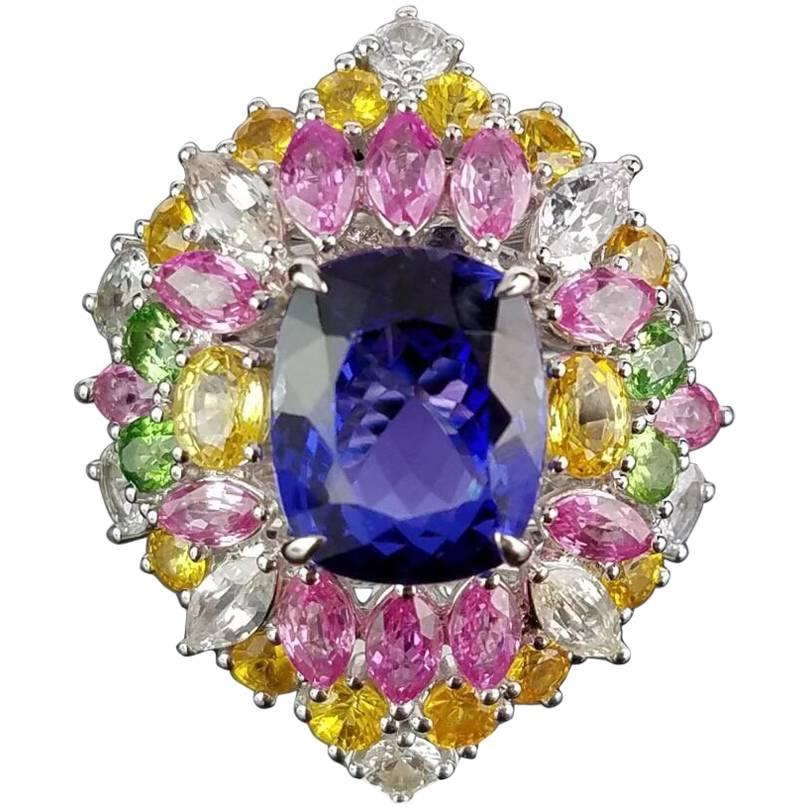 17.65 Carat Cushion Tanzanite and Colored Sapphire Cocktail Ring
