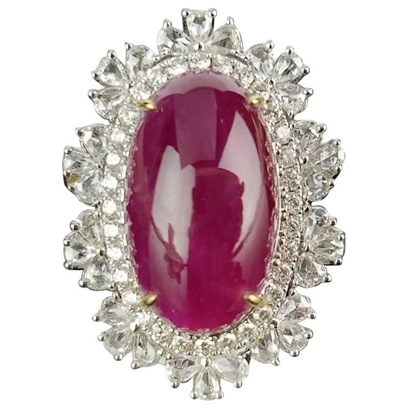 20.33 Carat Burma Ruby Cabochon and Diamond Cocktail Ring For Sale