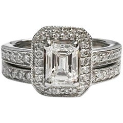 GIA Certified 1.02 Carat Emerald Cut Diamond Engagement Ring Wedding Set