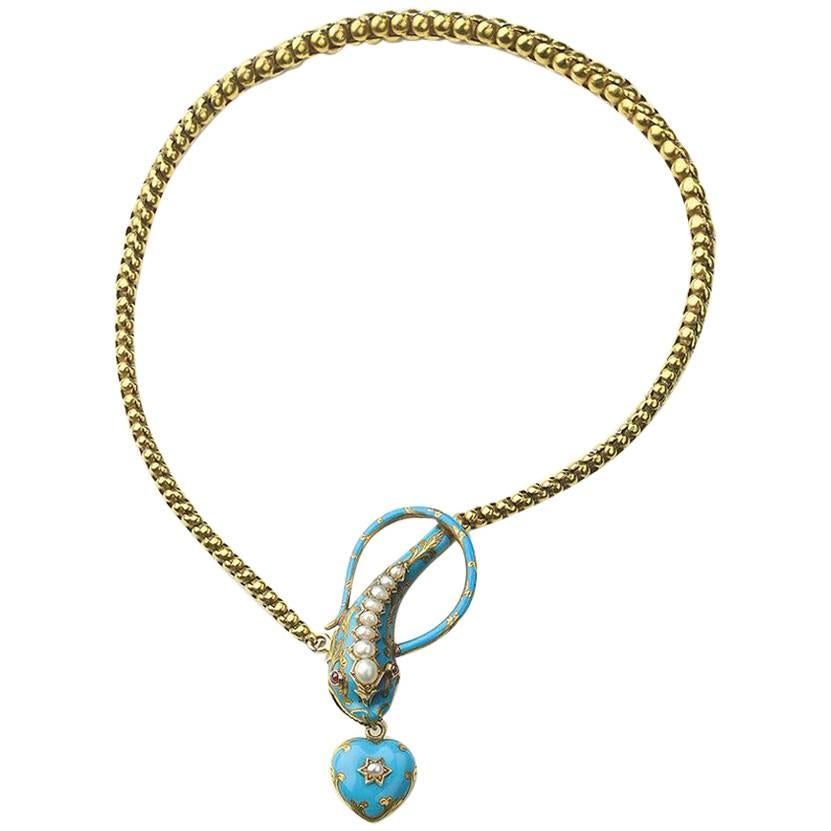 Turquoise Enamel and Pearl Snake Necklace