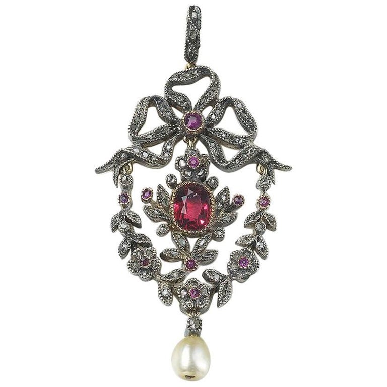 Antique Red Spinel Diamond and Ruby Pendant For Sale at 1stdibs